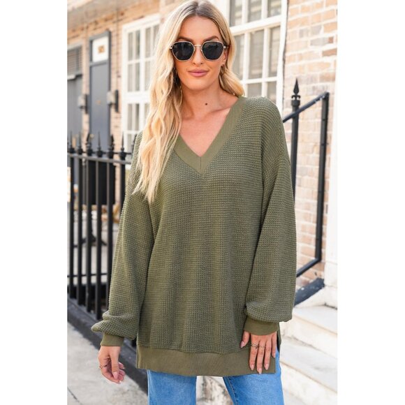 Womens Waffle Knit Pullover Long Sleeve V Neck Off Shoulder Oversized Top - Picture 3 of 4